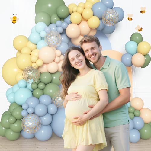 Image of Amandir 153pcs Blue and Yellow Sage Green Balloon Arch Kit Different Sizes | 18 12 10 5 inch Dusty Haze Blue Pastel Yellow Cream Gold Confetti Balloons for Birthday Party Bear Baby Shower Decorations