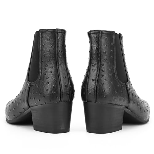 Image of Men'S Classic Leather Chunky Heel Chelsea Boots With Side Zipper Fashion Pointed Toe Elastic Band High Top Block High Heel Formal Chukka Booties For Casual Business Party Wedding