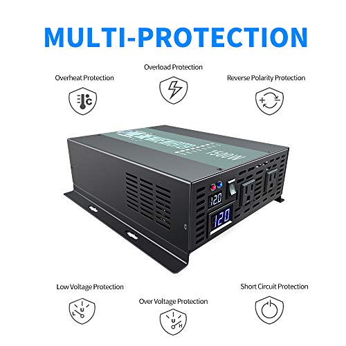1500W Continuous/ 3000W Peak Pure Sine Wave Inverter DC 12V to AC 120V Car Power Inverter with Dual AC Outlets