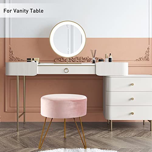 Ecomex Velvet Round Ottoman With Metal Legs, Upholstered Round Footrest Stool Footrest Ottoman Vanity Makeup Stool Modern Furniture For Living Room Bedroom, Pink #TOP5