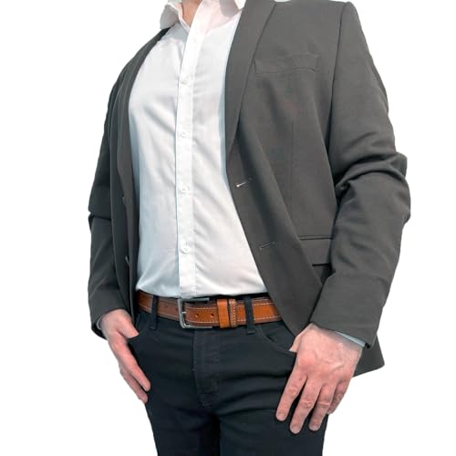 Men's Genuine Leather Belt, 40 MM Width, Tan Brown, Chrome Buckle, Designer Stitching2