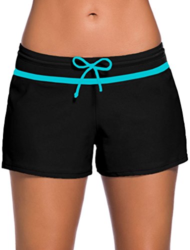 Pandolah Women Swimsuit Tankini Side Split Board Shorts Bikini Bottom (US 2-4(S), Black&Blue)