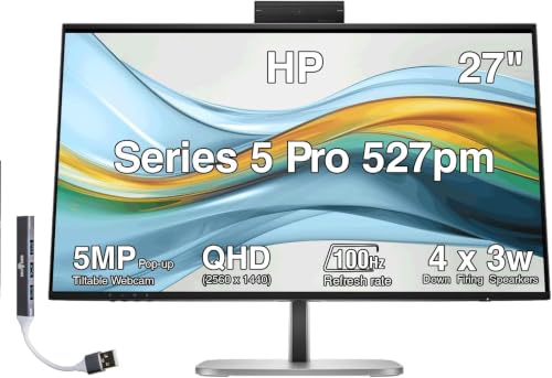 Image of HP Series 5 Pro 27 inch QHD USB-C Conferencing Monitor 527pm, 5MP Pop-up Webcam, 4x3W Speakers, VESA Mount (100mm), Displayport, HDMI & Dockztorm USB Hub, Black /Silver | 5MP Pop-up Webcam, 4x3W Speakers, VESA Mount (100mm), Displayport, HDMI & Dockztorm USB Hub, Black /Silver