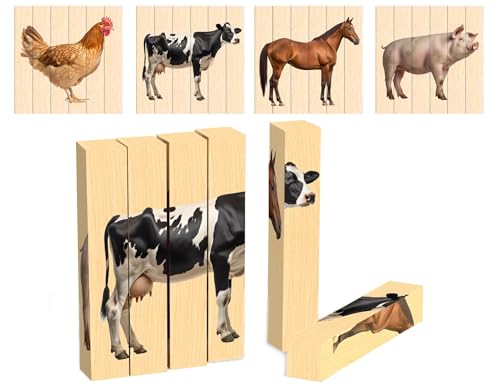 Image of Wooden Animal Chunky Puzzles for Toddlers 2+ Years - Montessori 4 in 1 Farm Animal Block Puzzle Toy