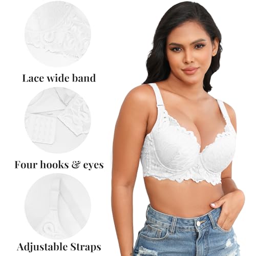 Svmer Push Up Lace Bra for Women Underwire Plus Size Comfortable Brassiere White 44DD - Image 4