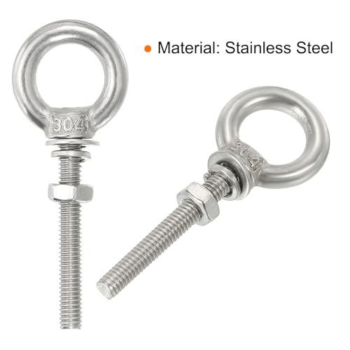 Image of uxcell M10x30 3 /8 inchx1.18 inch Stainless Steel Eye Bolts Threaded Screw Eyebolt Shoulder Ring with Nuts Washers for Lifting Hanging, 4 Set