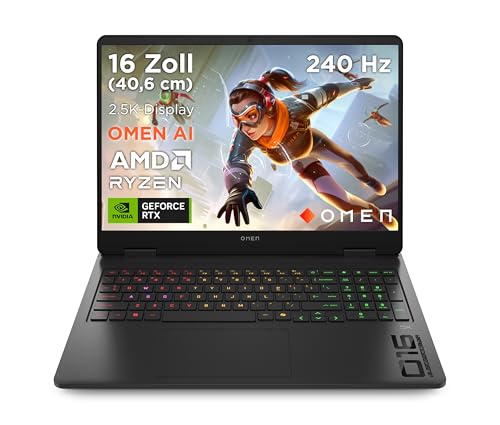OMEN Gaming Laptop, 16 Zoll 2.5K Display 240Hz, AMD Ryzen 9 8940HX, NVIDIA GeForce RTX 5060, 32GB RAM, 1TB SSD, Windows 11, 4-Zonen-RGB-QWERTZ Tastatur, Wi-Fi 6, Shadow Black, inkl. 3 Monate GamePass