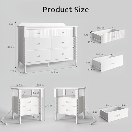 Image of JOINICE White Dresser and Nightstand Sets for Bedroom, Jenny Lind Spindle | Night Stand Set of 2 with Matching Dresser, Large Drawers for Storage, 3 Pieces Accent Set, Easy Assembly