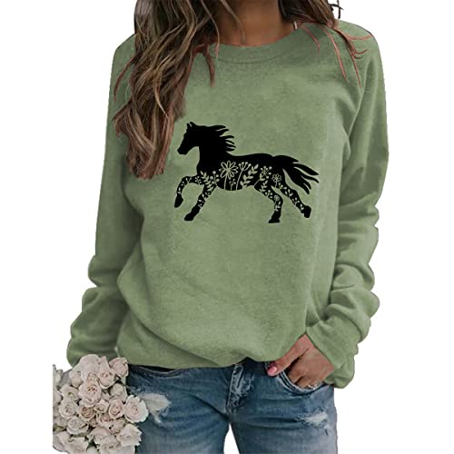 Horse Sweatshirts For Women, Long Sleeve Floral Horse Print Crew Neck Sweatshirt Casual Loose Pullover Tops Farm Shirts Olive Green #TOP4