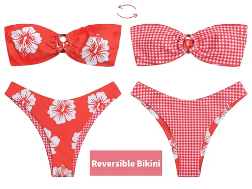 Image of ZAFUL Women's Bandeau Bikini O Ring Strapless Tie Back High Cut Two Piece Swimsuit Bathing Suits
