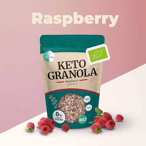 Go-Keto BIO Keto Granola Raspberry 6x 290g – Low Carb Keto Müsli für ein leckeres Keto Frühstück, mit Kokoschips, Nüssen, Früchten, Leinsamen, Sonnenblumenkernen & Kürbiskernen, vegan, glutenfrei