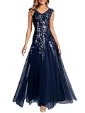 Ever-Pretty Women's Sequin Evening Gown with Cap Sleeve V-Neck Tulle Dress for Formal Wedding Guest Party Dresses Navy Blue 14