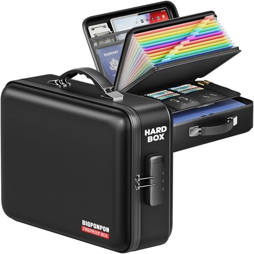 BigPonPon Fireproof Document Box, Hard Case Highly Flame-Resistant Fire Proof Waterproof File Organizer with Lock, Portable Fire Safe for Important Documents & Valuables Storage (Black, ‎15'*11'*5')