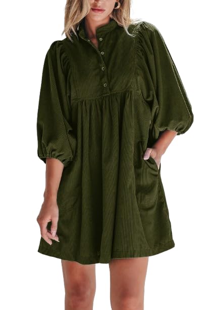 Womens Casual Dresses Corduroy Button Up Empire Waist 3 4 Sleeve Fall Winter Mini Babydoll Dress