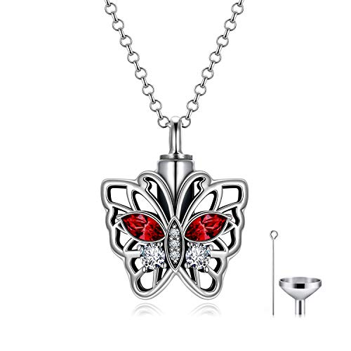 AOBOCO Cremation Jewelry 925 Sterling Silver Heart Flower Butterfly Urn Necklace for Ashes, Cremation Keepsake Necklace with Swarovski Crystal, Women Memorial Jewelry (Butterfly-Simulated Ruby)