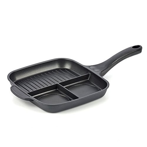 melianda MA-18330 3-in-1 Multigrillpfanne, Multipfanne (drei Unterteilungen, geeignet für Elektro-, Gas- und Induktionsherd, Antihaft-Beschichtung, angenehmer Griff, 25 x 23 x 3,3 cm), Schwarz