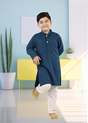 Image of Traditiona Kurta with White Pajama Set, Kids Ethnic Wear, Cotton Blend