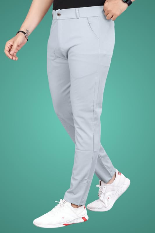 Image of Slim Fit Lycra Blend Pants for Men | Stretchable, Breathable Formal Trousers with Dual Side Pockets & Button Closure | Comfortable for Office, Travel & Casual Wear