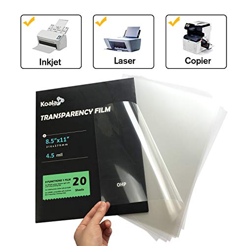 KOALA Película transparente para impressoras a jato de tinta/laser – 20 folhas de papel transparente