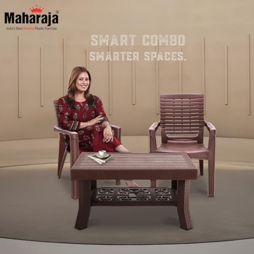 Image of MAHARAJA Heavy-Duty Plastic Chairs & Table | Set of Chairs with Elegant Table | Premium Design, Ideal for All Seasons (Brown, 2 Chair+1 Table)
