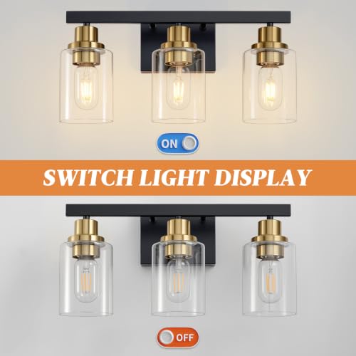 Image of 3-Light Bathroom Light Fixtures,Black and Gold Vanity Lights 17 inch | Modern Wall Sconce Lighting,Vanity Light Over Mirror with Clear Glass Shade,Farmhous Wall Mounted for Bathroom,E26 Base