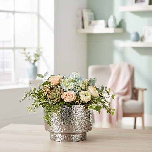 Image of Xtore Striking Textured Ceramic Planter Pot | Sculpted Metallic Silver Finish with Contemporary Appeal for Living Room, Desk & Tabletop Decor (Pack of 1,Planter Only)