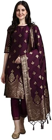 VredeVogel Women's Cotton Silk Jacquard Kurta Pant with Dupatta Set