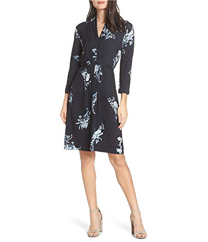 Robe à col en V en imprimé floral luxe noir et bleu d'exception