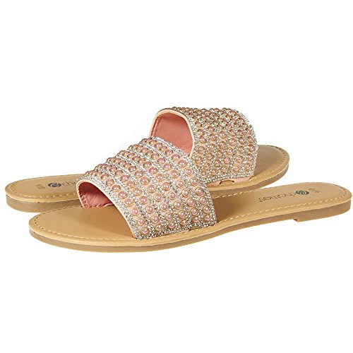 Chatties By Sara Z Womens Open Toe Crystal Rhinestone Pearl Slip-On Flat Slide Sandal Flip Flop Size 5/6 Blush