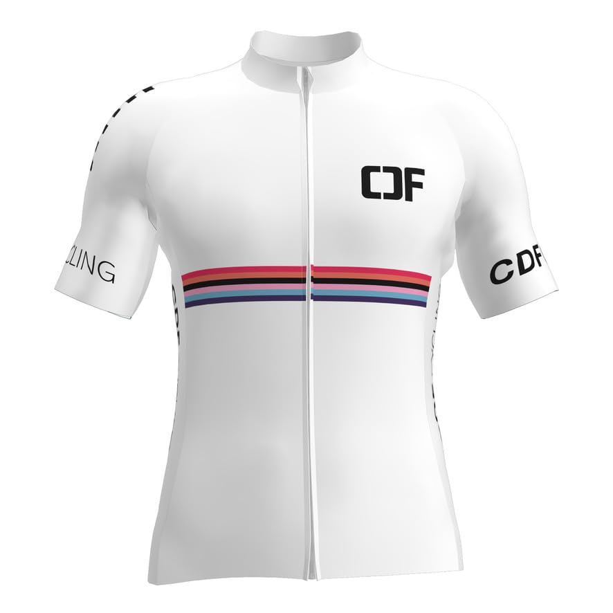 Maillot de Ciclismo CDF AeroFit, Jersey Transpirable para Hombre, Diseño Blanco con Franjas Multicolor