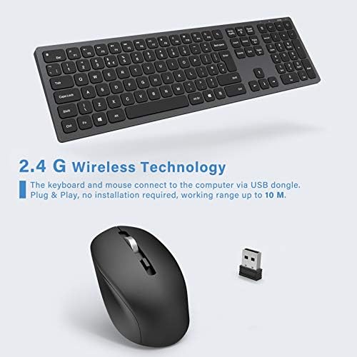 Wireless Keyboard and Mouse Combo with White Backlight, 2.4G USB Rechargeable Keyboard and Mice Set Ultra Slim Quiet UK Layout for Computer, PC, Laptop with Windows System, Space Gray