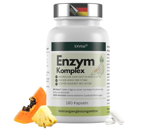EXVital Enzym Komplex mit 800mg Bromelain (5000 F.I.P) 300mg Papain Rutin & Selen - 180 Kapseln Ananas & Papaya Enzym- Magensaftresistente Kapseln vegan & laborgeprüft