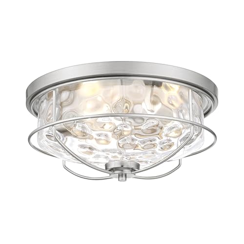 15 Inch Ceiling Light Fixtures, HWH 3-Light Modern Flush Mount Light with Brushed Nickel Finish, Water Ripple Hammered Glass Ceiling Lights for Kitchen Hallway Foyer, 5HTJ102WG-F BN