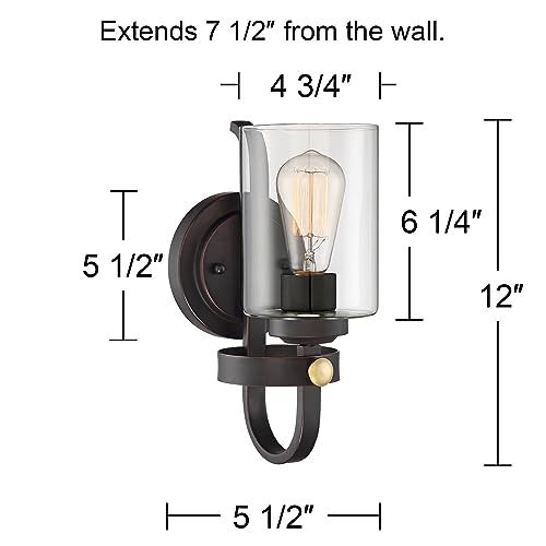 Image of Franklin Iron Works Eagleton Farmhouse Rustic Wall Light Sconces Set of 2 Oil Rubbed Bronze and Gold Hardwire 5 1 /2 inch LED Fixture Clear Glass Shades for Bedroom Bathroom Vanity Reading Living Room