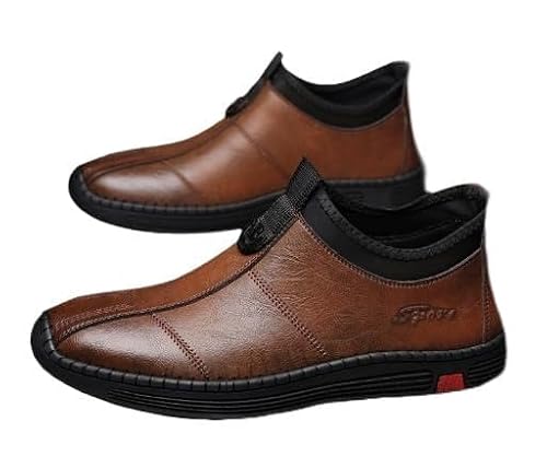 Hhhchpm Mens Hand Stitching Leather Slip on Loafers Fashionable Cowhide Ankle Chukka Boots Thermal Velvet (Brown - velvet,9)
