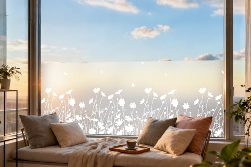 DKTIE Sichtschutzfolie für Fenster, Blumen, reines Weiß, Muster, Buntglas, Fensterfolie, dekorativ, Milchglas, Sonnenblockierung, Hitzekontrolle, statische Haftung, A274, 89,9 x 300 cm