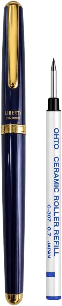 Liberty Ceramic Rollerball Pen - Blue Body with 0.7mm Blue Ink | Refillable Metal Writing Pen with Ergonomic Grip and One Extra Blue Refill - Ideal for Professionals & Students | Made in Japan