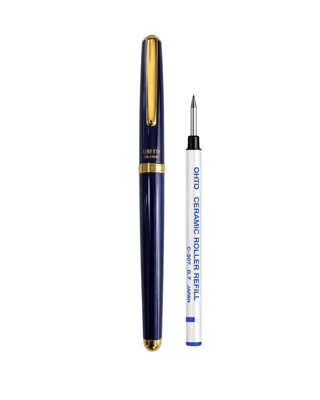 Liberty Ceramic Rollerball Pen - Blue Body with 0.7mm Blue Ink | Refillable Metal Writing Pen with Ergonomic Grip and One Extra Blue Refill - Ideal for Professionals & Students | Made in Japan