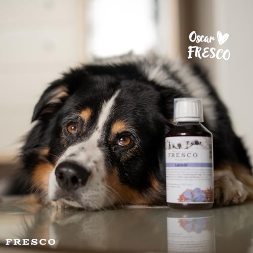 FRESCO Dog Premium Leinöl Hunde 250ml | Kaltgepresstes Omega 3 Öl mit Vitamin E | Natives Barf Öl ohne Zusätze | Abgefüllt in Deutschland