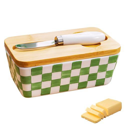 Butterdose Keramik mit Holzdeckel Dichtung und Buttermesser, Butterglocke Bunt Vintage für 300g Butter, Butterbehälter Große Butterschale Porzellan Butterbox Spülmaschinenfest (A)