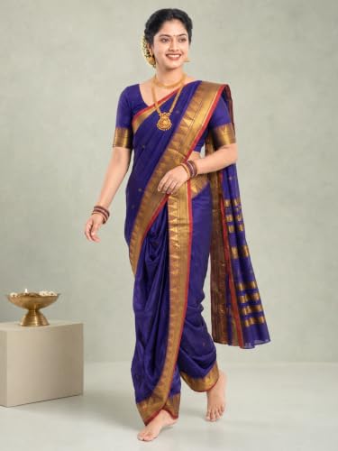 Image of Mom and Me Women Ready to Wear Nauvari Saree, Maharashtrian Peshwai Paithani, 9 Yard Readymade, Acrylic Cotton, Free Size, Traditional Ethnic Saree, with Blouse Piece