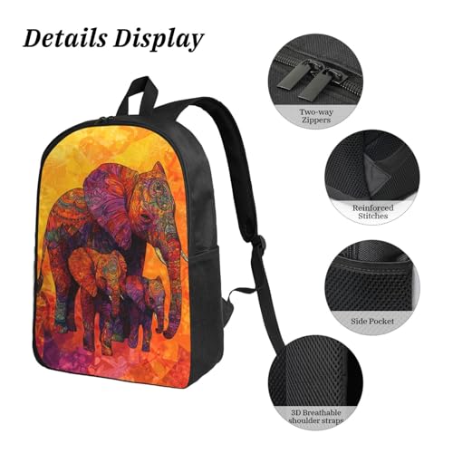 Vibrant Boho Elephant Backpacks 3 Pcs Minimalist Backpack for Men and Women with Fun Graphic Cartoon Print for Hiking Commuting4