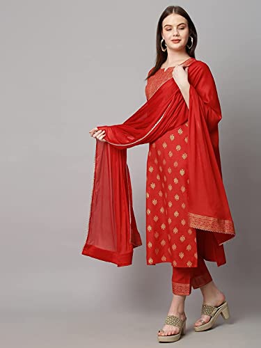Image of GoSriKi Women's Cotton Blend Printed Straight Kurta with Pant & Dupatta