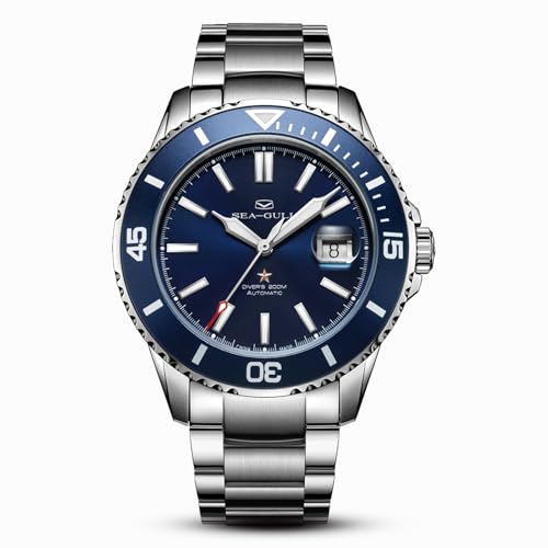 SEA-GULL Męski automatyczny mechaniczny zegarek do nurkowania, wodoodporna sukienka biznesowa świecący kalendarz zegarki na rękę, 44 mm, seria Ocean, NIEBIESKI, bransoletka
