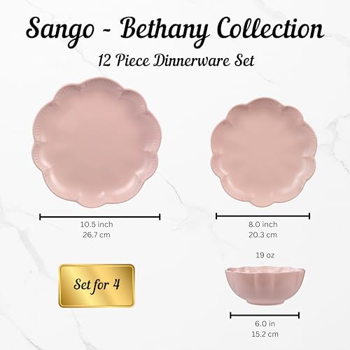 Image of Sango 12 Pieces Scalloped Dinnerware Set, Modern Pink Dishes for 4, Premium Serving Plates & Bowls Sets, Chip Resistant, Blush Ceramic Dishware, Kitchen Dish, Microwave & Dishwasher Safe, Bethany