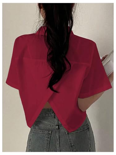 SweatyRocks Women's Casual Button Down Shirt Short Sleeve Stand Collar Tops Trendy Work Blouses3