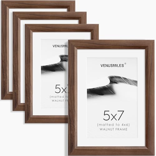 Venusmiles 5x7 Picture Frame Set of 4 Natural Solid Walnut Photo Frames with 4x6 Removable Mat Wall Hanging Large Handcrafted Frame with HD Plexiglass Wall and Tabletop Display Large Poster Frame