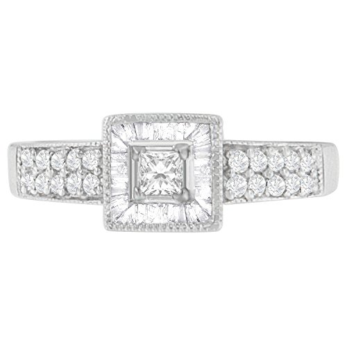 14K White Gold 1/2 Cttw Round, Baguette & Princess-Cut Diamond Vintage-Inspired Square Framed Halo Milgrain-Detail Engagement or Fashion Ring (H-I Color, SI2-I1 Clarity)