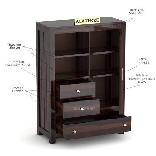 Image of Wood Book Shelf with Glass Door with Storage | Wooden Book Shelf for Home Library with Drawer | Home Office Living Room, Kitchen Crockery Storage Cabinet | Walnut Finish