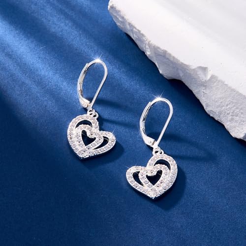 ALEXCRAFT 925 Sterling Silver Heart Leverback Earrings for Women Trendy, Cubic Zirconia Drop Dangle Earrings Jewelry 14K Gold Plated Hypoallergenic Doulbe Love Heart Leverback Dangle Earring2